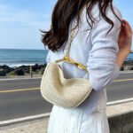 woven straw handbag chain metal handle (2)