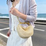 woven straw handbag chain metal handle (3)