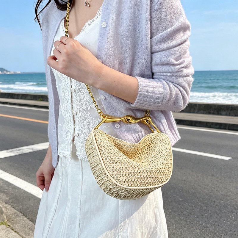 woven straw handbag chain metal handle (3)