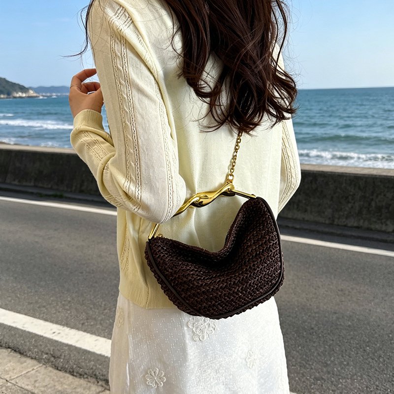 woven straw handbag chain metal handle (4)